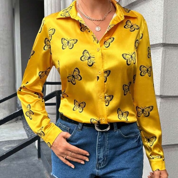 SHEIN Tops - SHEIN Yellow Butterfly Print Blouse